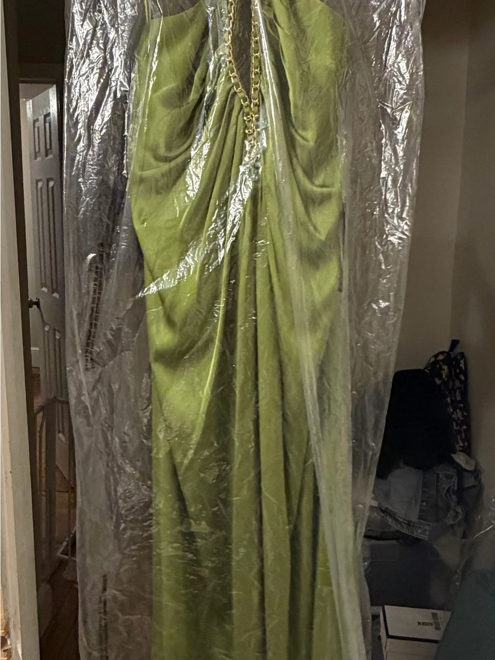 Olive Green Draped Maxi Skirt with Chain Detail